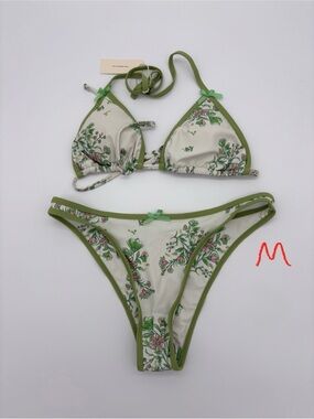 Green Trim Floral Triangle Bikini Set